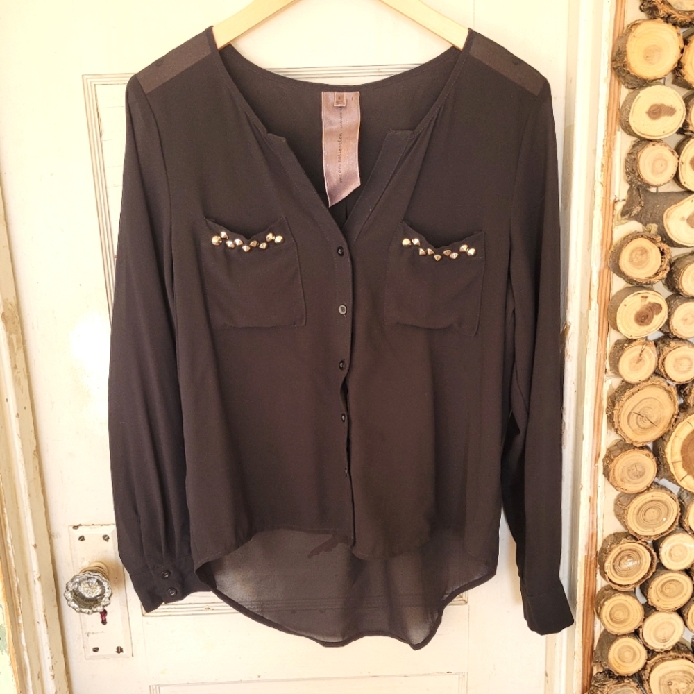 Moon Collection Metal Studded Black Sheer Long Sleeve Blouse Size Small